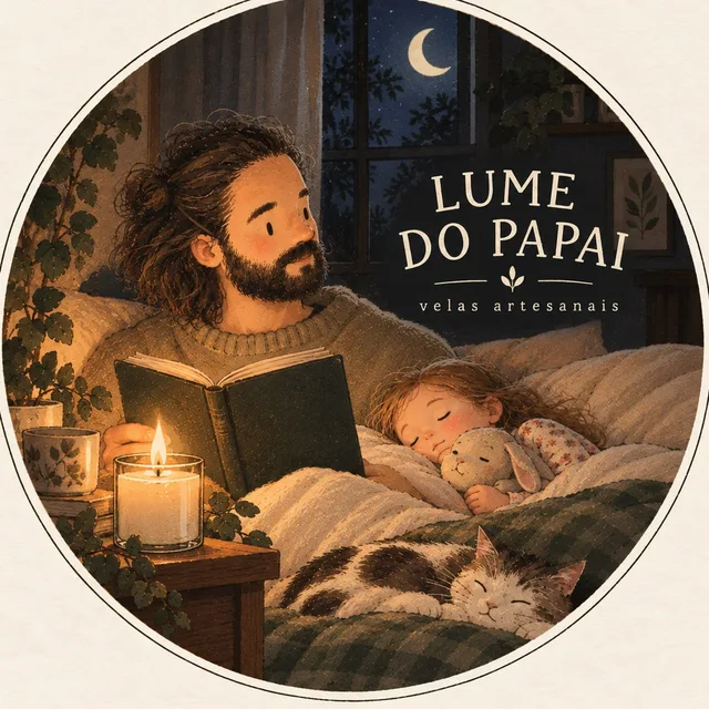 Logotipo da Lume do Papai: um pai lendo um livro para a filha à luz de uma vela, com um gato ao lado.